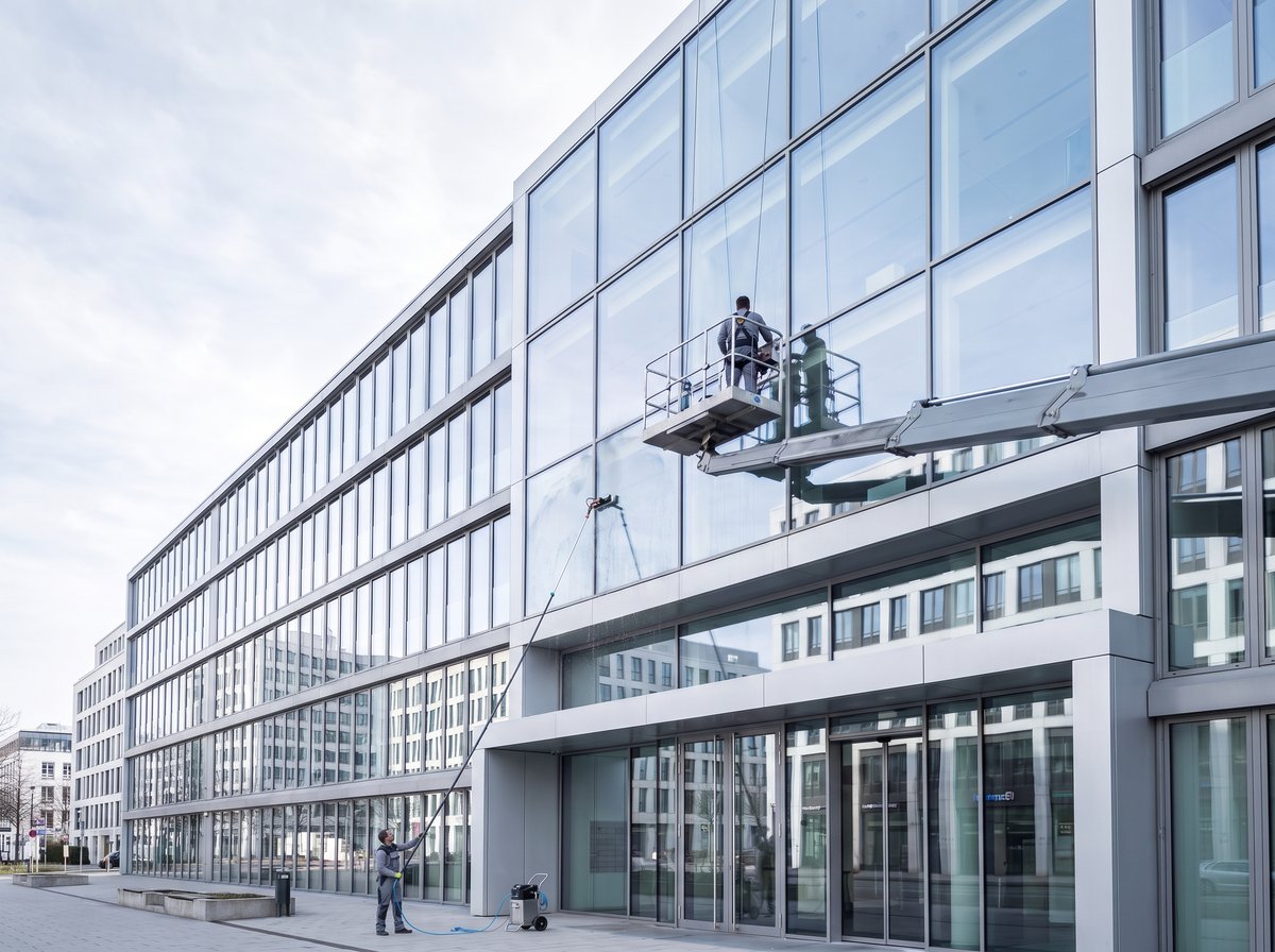 Glas- und Fassadenreinigung an einer Bürofassade in München