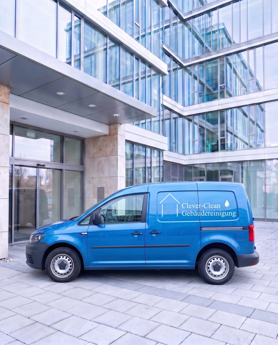 Clever-Clean Firmenfahrzeug vor einem Bürogebäude in München